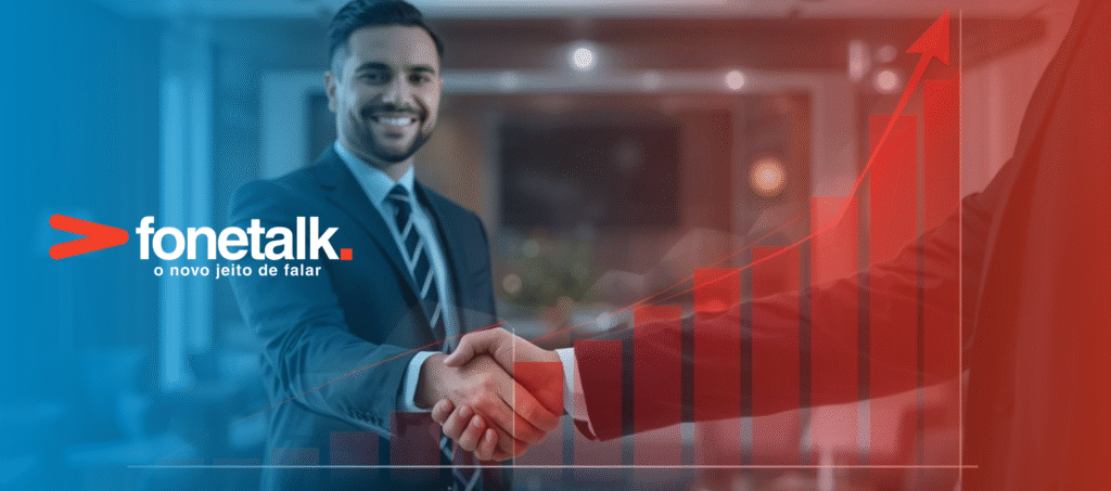 Imagem de negócios com gráfico de alta e aperto de mãos, representando o sucesso e a excelência no atendimento jurídico facilitado pela Fonetalk