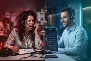 Comparação de atendimento ao cliente antes e depois com o PABX em nuvem, mostrando chamadas perdidas e atendimento organizado