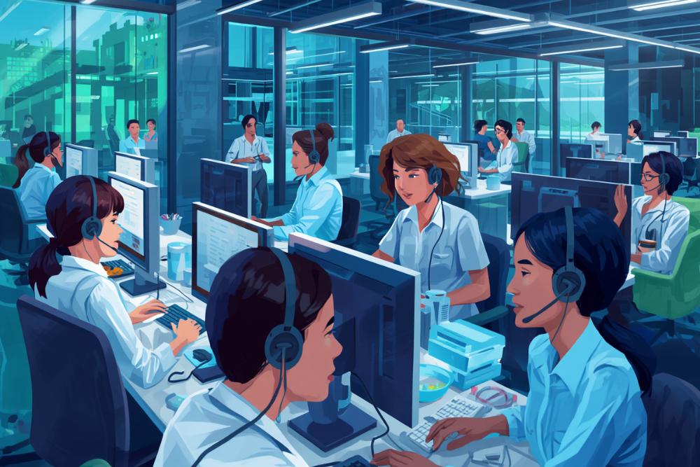 Escritório moderno com colaboradores utilizando headsets para atendimento ao cliente, ilustrando o uso do PABX Virtual nas empresas.